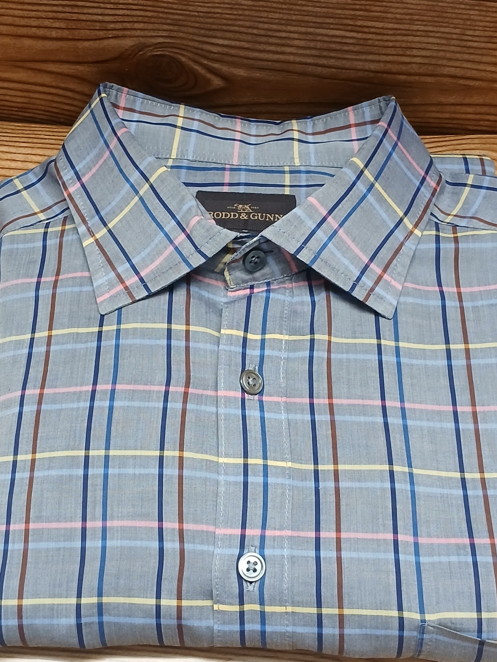 Rodd & Gunn Blue Plaid Button-Down Shirt with Yellow and Pink Accents